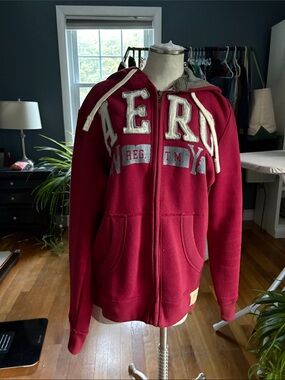 Aeropostale Men's Burgundy Zip-Up Hoodie with Contrast Hood Lining